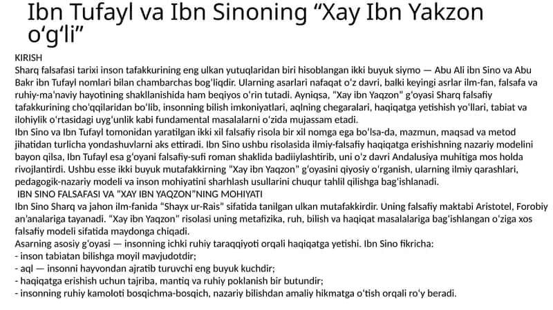 Ibn Tufayl va Ibn Sinoning “Xay Ibn Yakzon oʻgʻli”