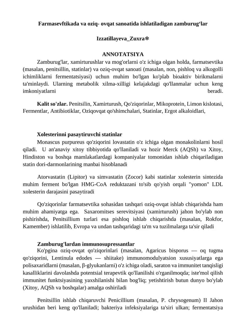 Zamburug'lar farmasevtikada va oziq-ovqat sanoatida