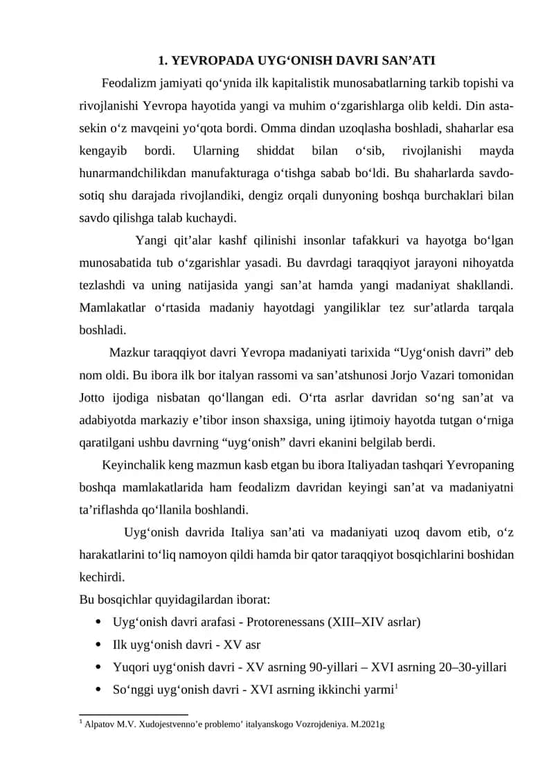 YEVROPADA UYG‘ONISH DAVRI SAN’ATI