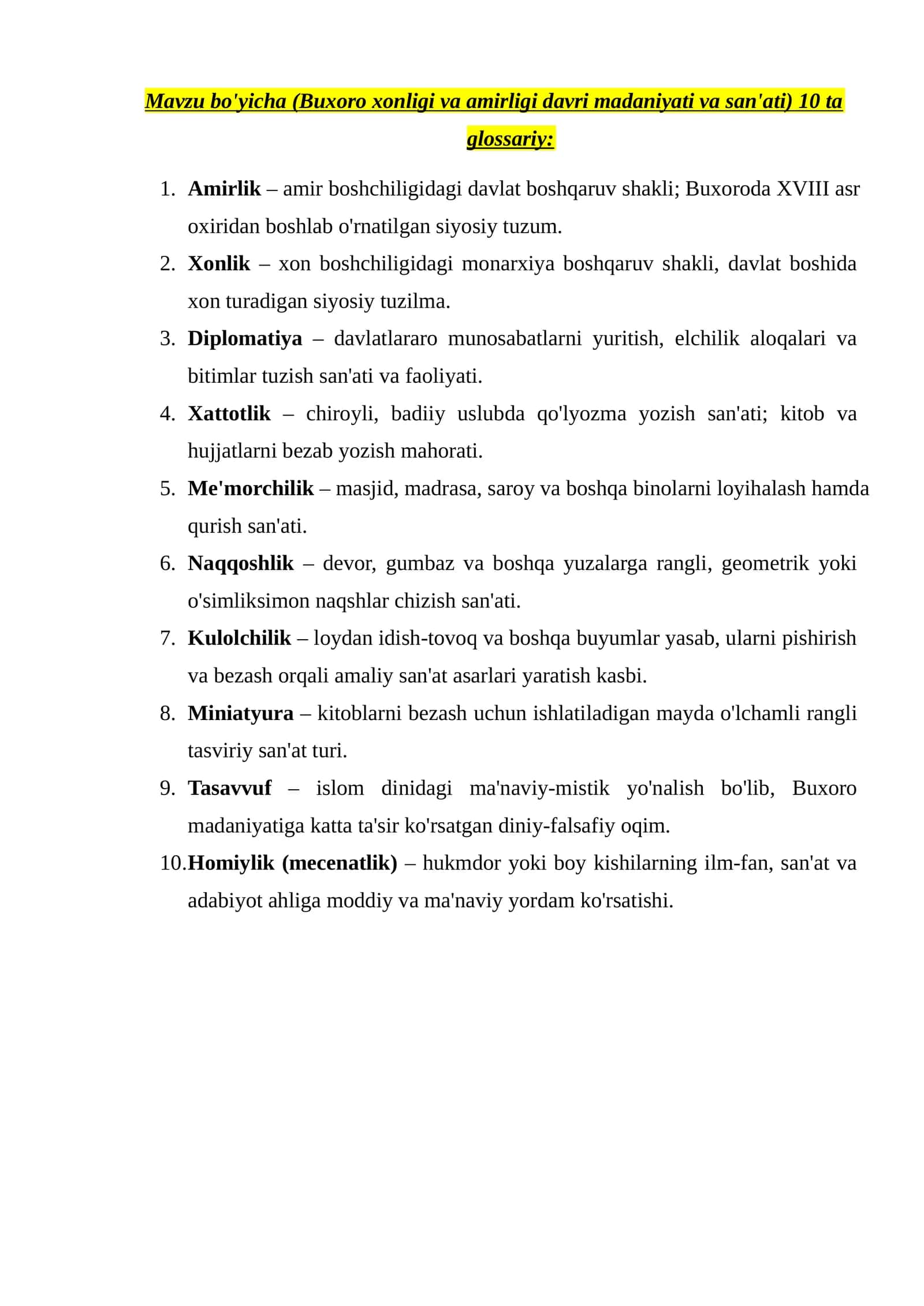 Buxoro xonligi va amirligi davri madaniyati va san'ati 10 ta glossariy