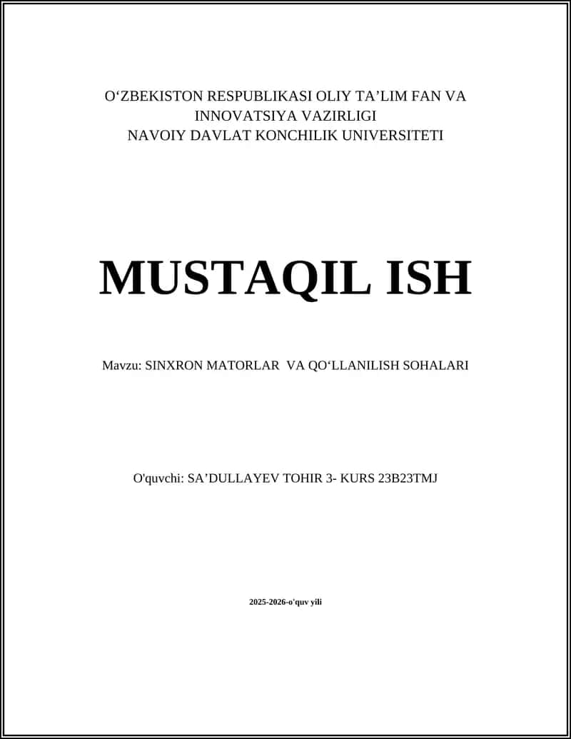 SINXRON MATORLAR VA QOʻLLANILISH SOHALARI