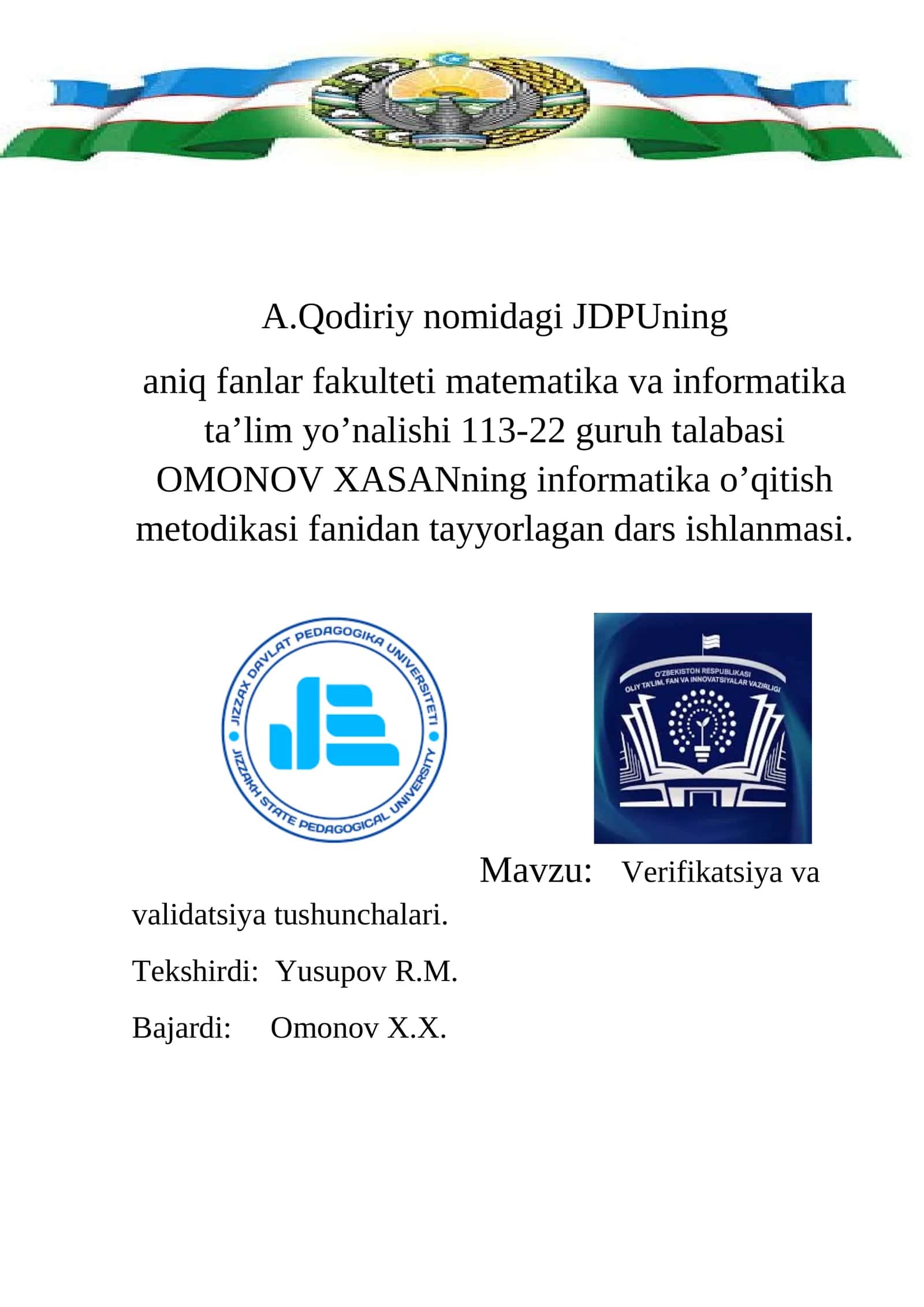Verifikatsiya va validatsiya tushunchalari