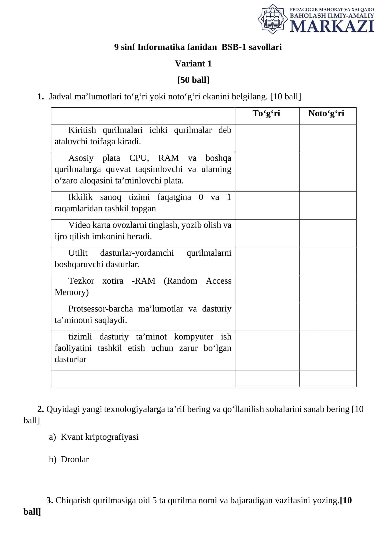 9 sinf Informatika fanidan BSB-1 savollari Variant 1