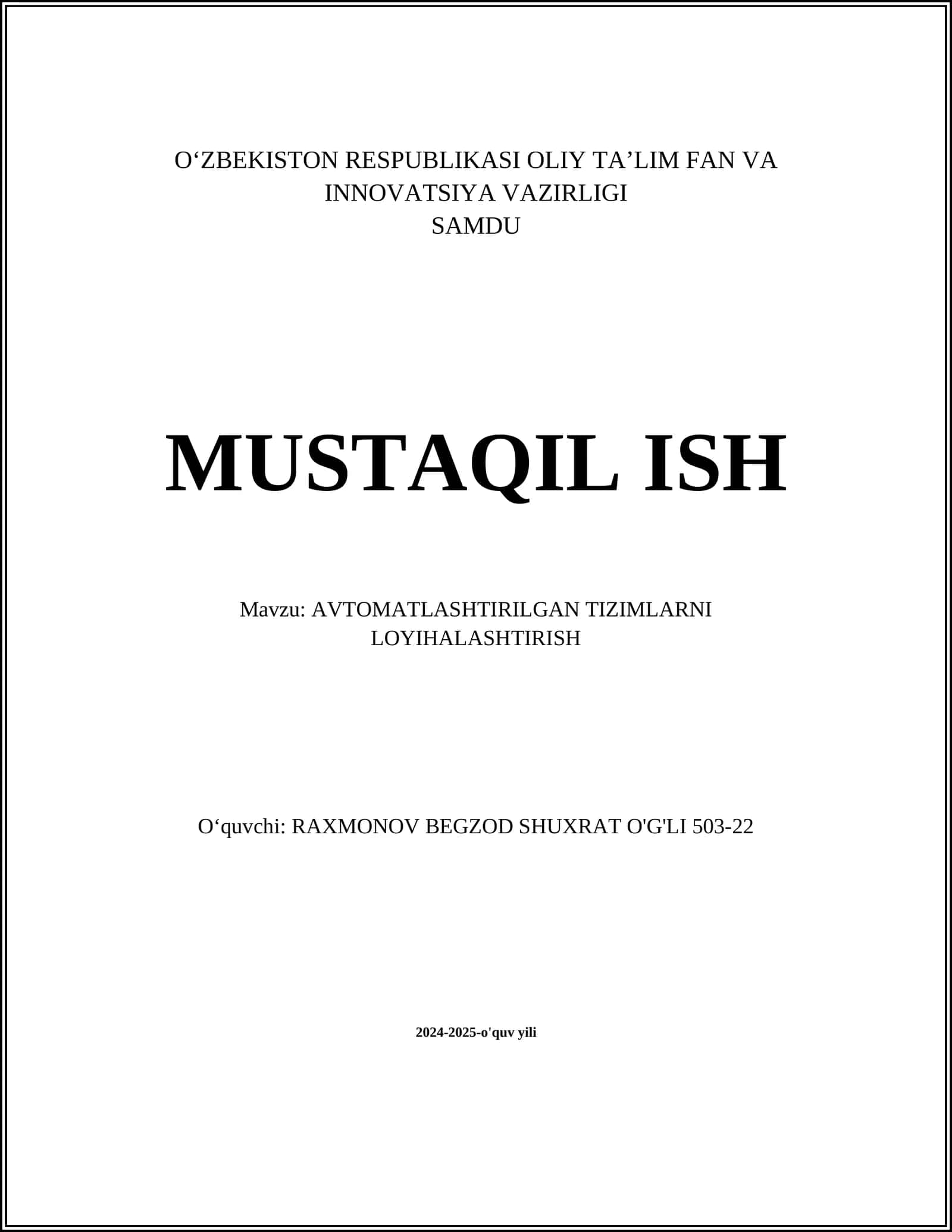 AVTOMATLASHTIRILGAN TIZIMLARNI LOYIHALASHTIRISH