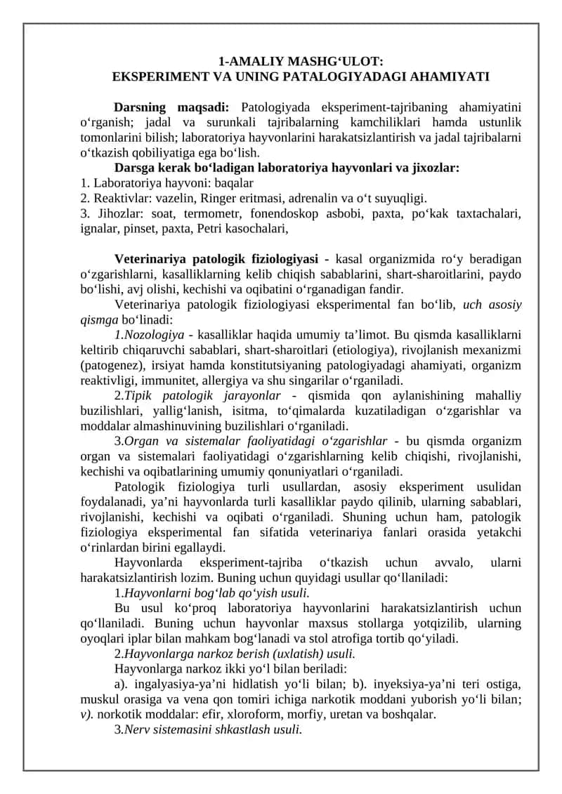 EKSPERIMENT VA UNING PATALOGIYADAGI AHAMIYATI