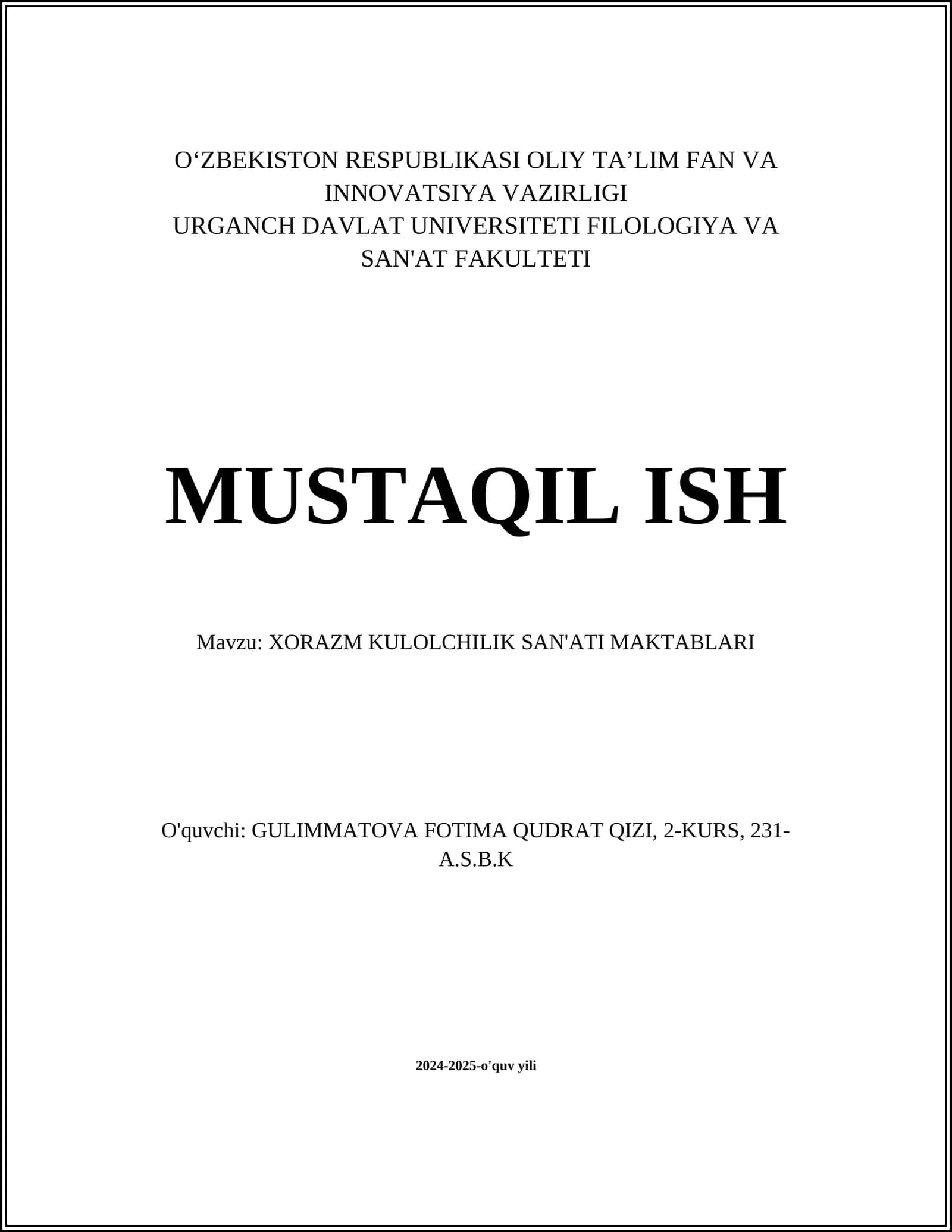 XORAZM KULOLCHILIK SAN'ATI MAKTABLARI
