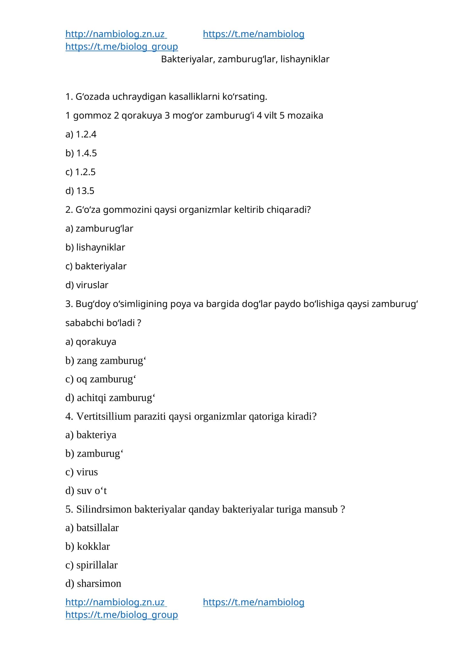 Biologiya Test Savollari