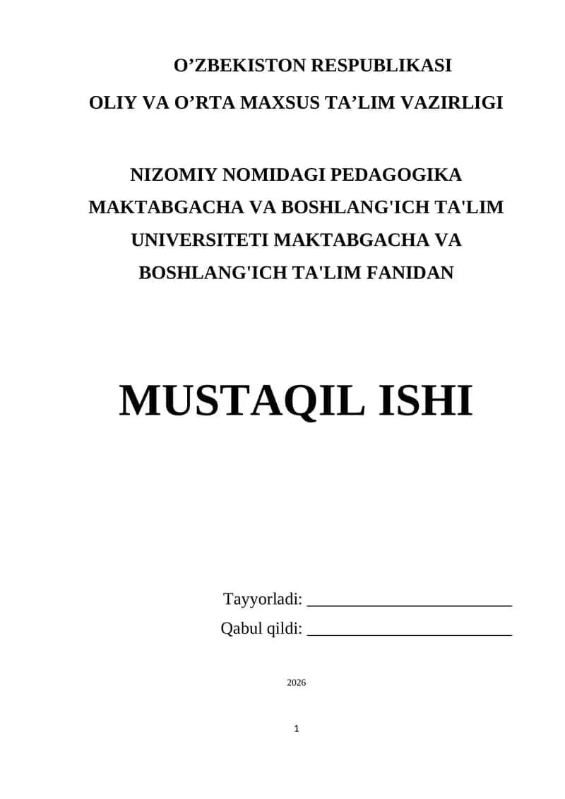 NIZOMIY NOMIDAGI PEDAGOGIKA MAKTABGACHA VA BOSHLANG'ICH TA'LIM UNIVERSITETI