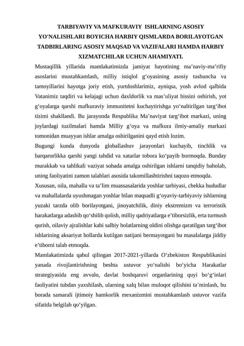 TARBIYAVIY VA MAFKURAVIY ISHLARNING ASOSIY YO'NALISHLARI