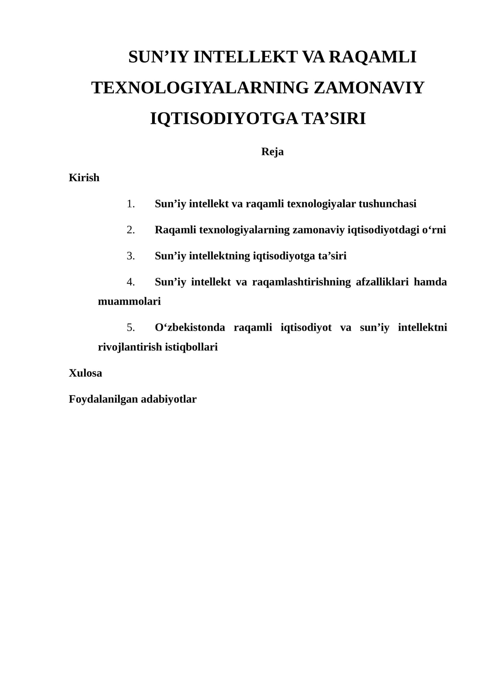 SUN’IY INTELLEKT VA RAQAMLI TEXNOLOGIYALARNING ZAMONAVIY IQTISODIYOTGA TA’SIRI