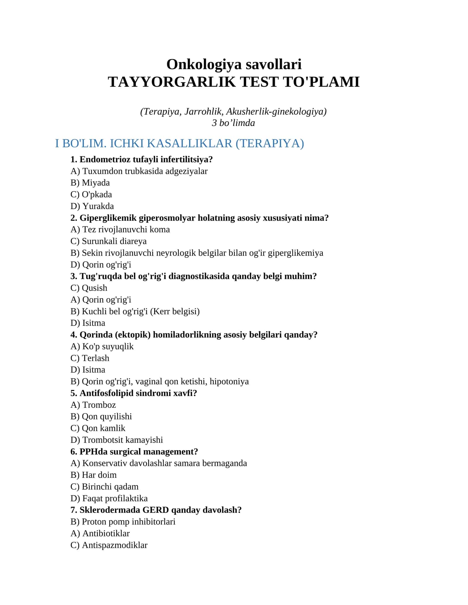 Onkologiya savollari