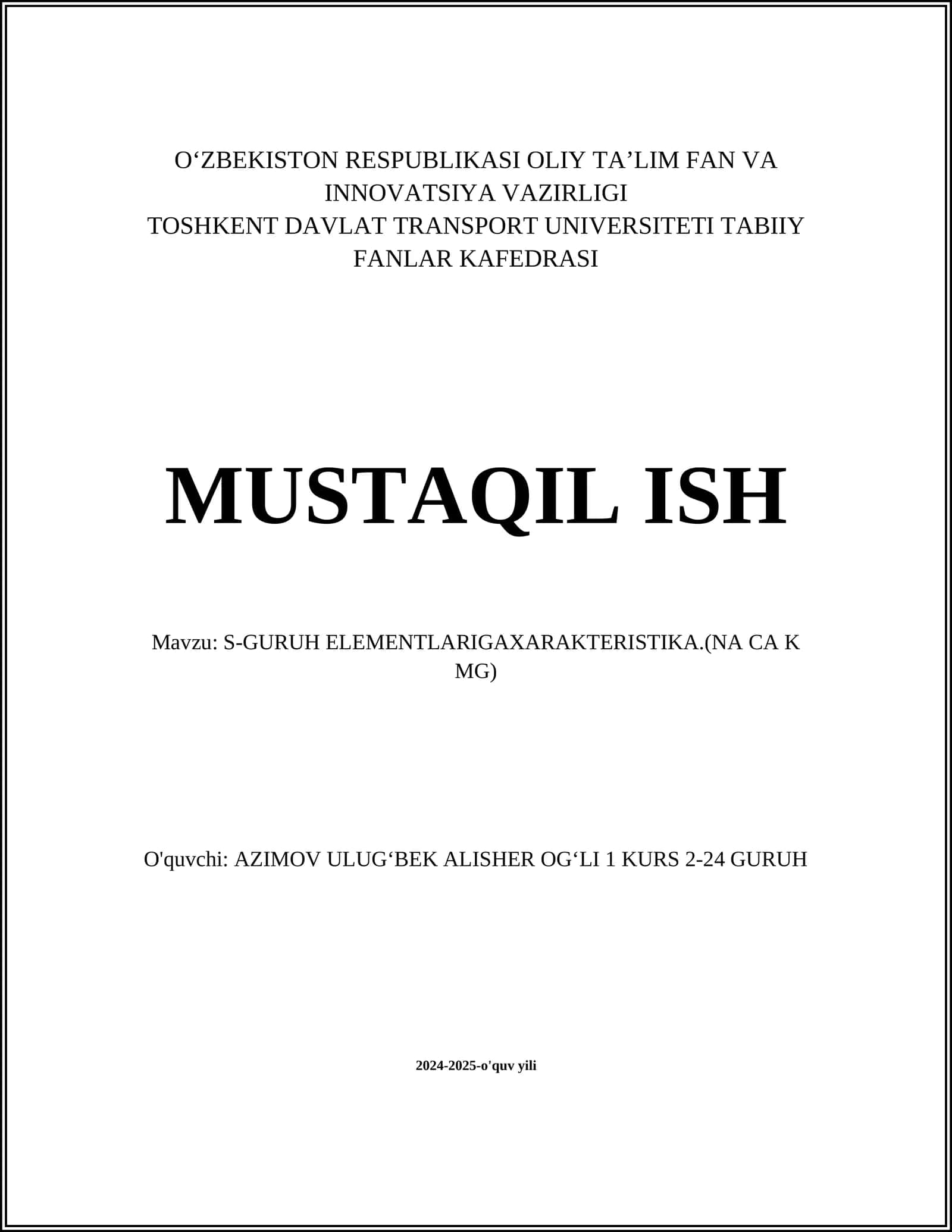 S-GURUH ELEMENTLARIGAXARAKTERISTIKA