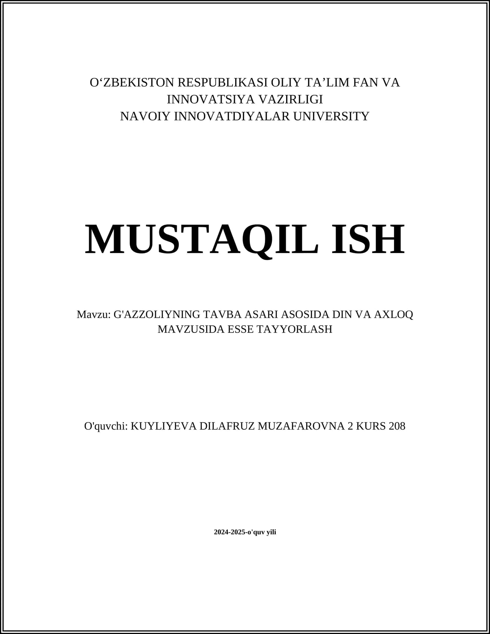 G'AZZOLIYNING TAVBA ASARI ASOSIDA DIN VA AXLOQ MAVZUSIDA ESSE TAYYORLASH