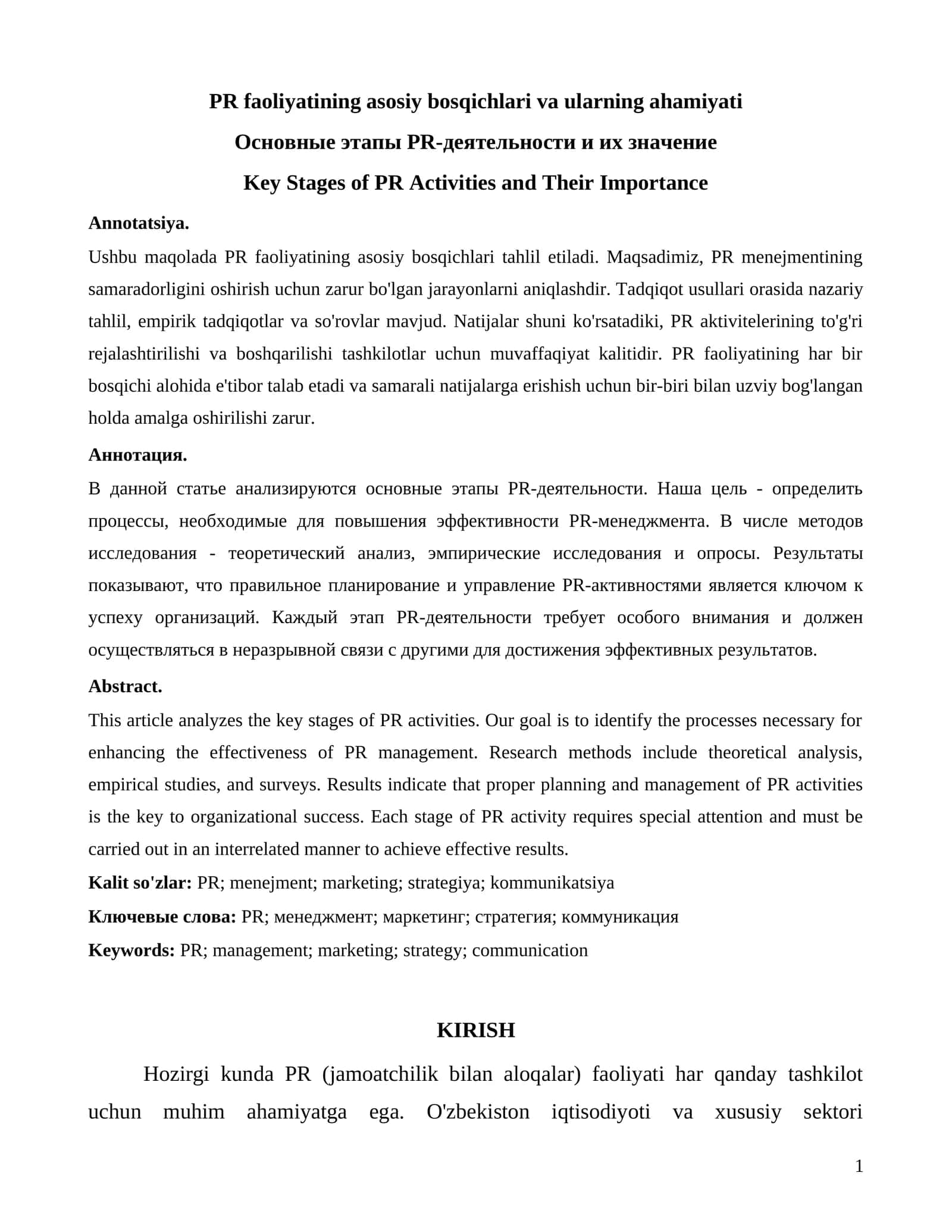 PR faoliyatining asosiy bosqichlari va ularning ahamiyati