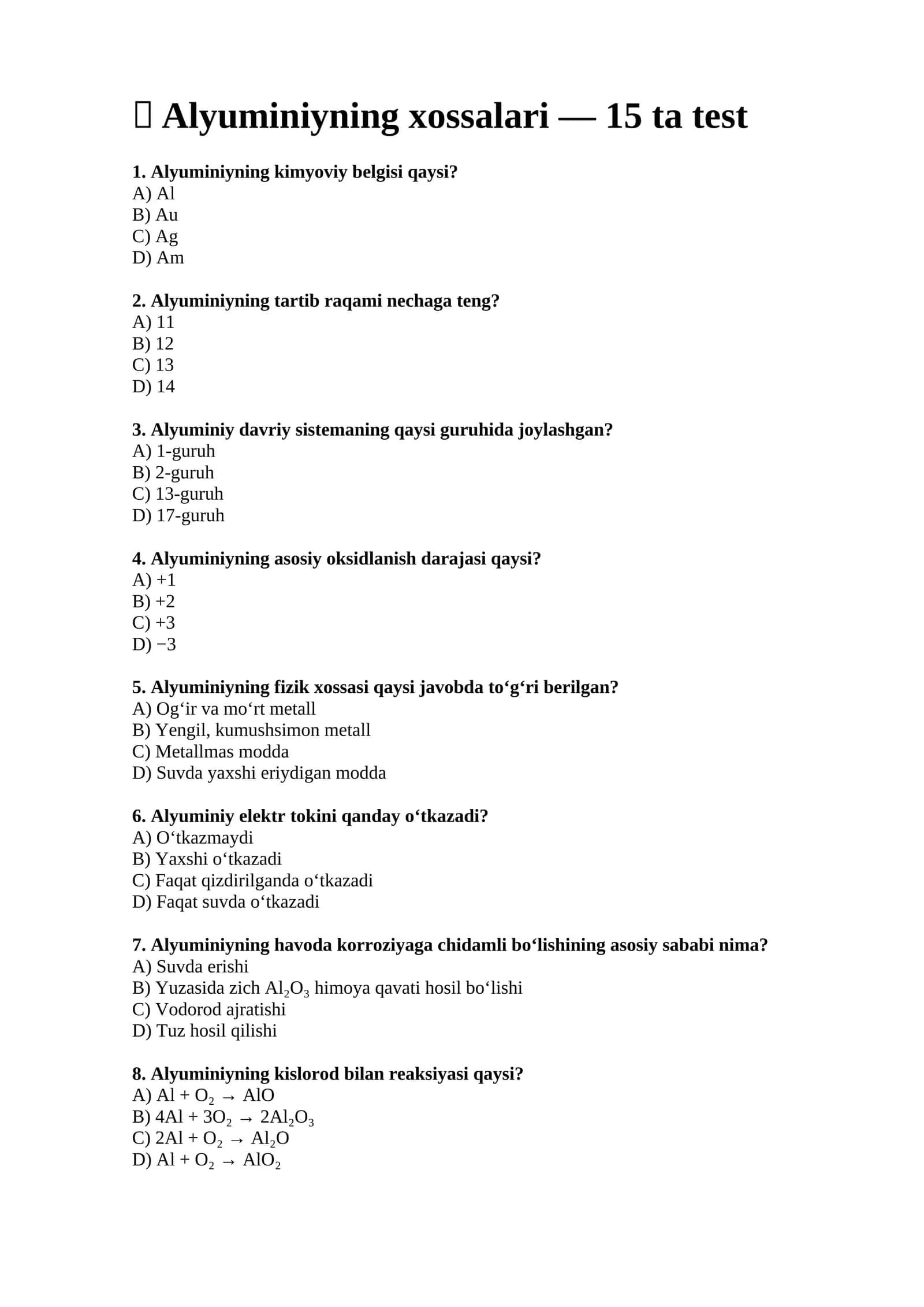 Alyuminiyning xossalari — 15 ta test