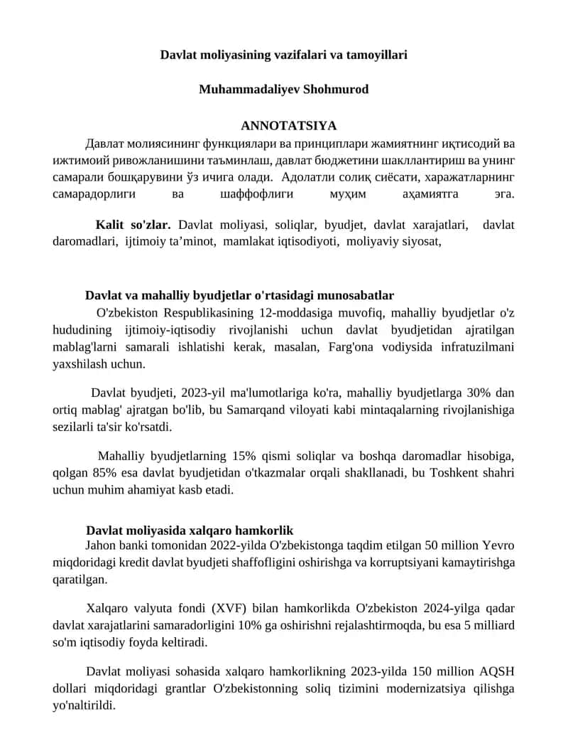 Davlat moliyasining vazifalari va tamoyillari