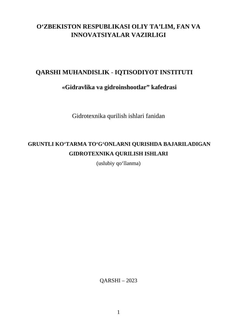 Gruntli ko‘tarma to‘g‘onlarni qurishda bajariladigan gidrotexnika qurilish ishlari