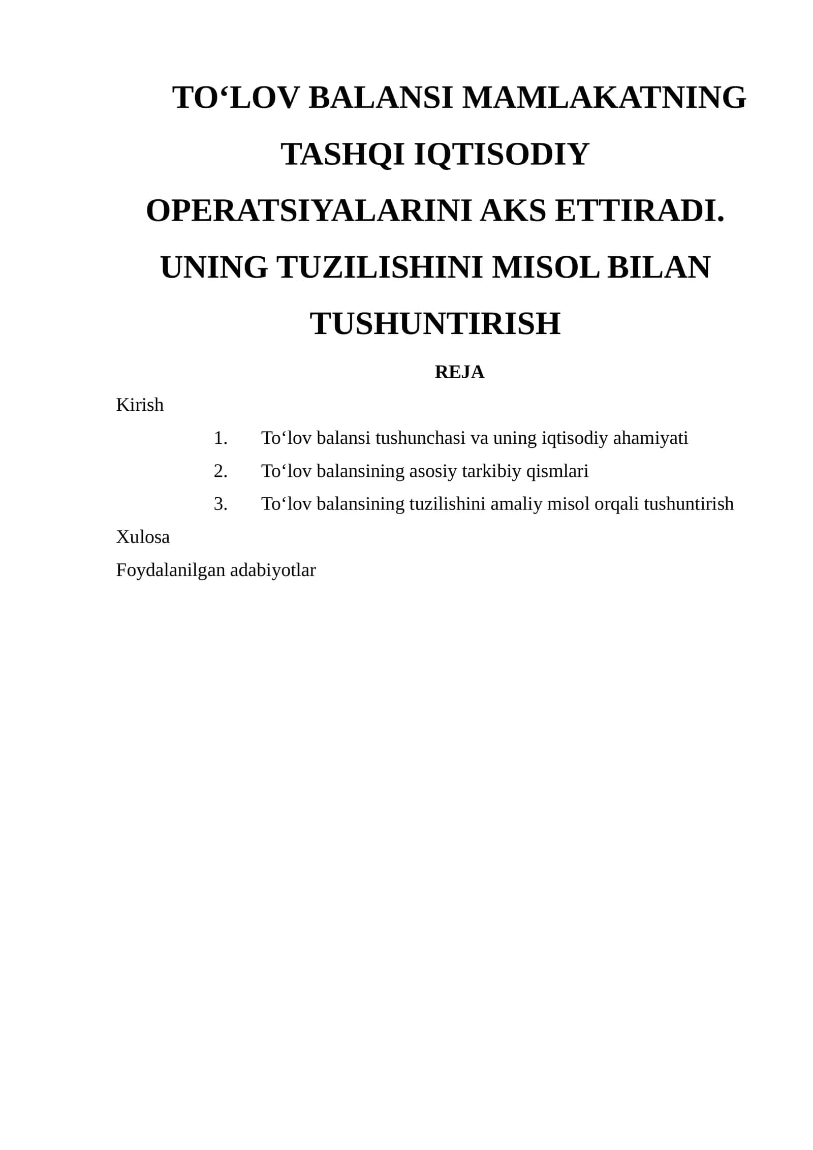 To‘lov balansi tushunchasi va uning iqtisodiy ahamiyati