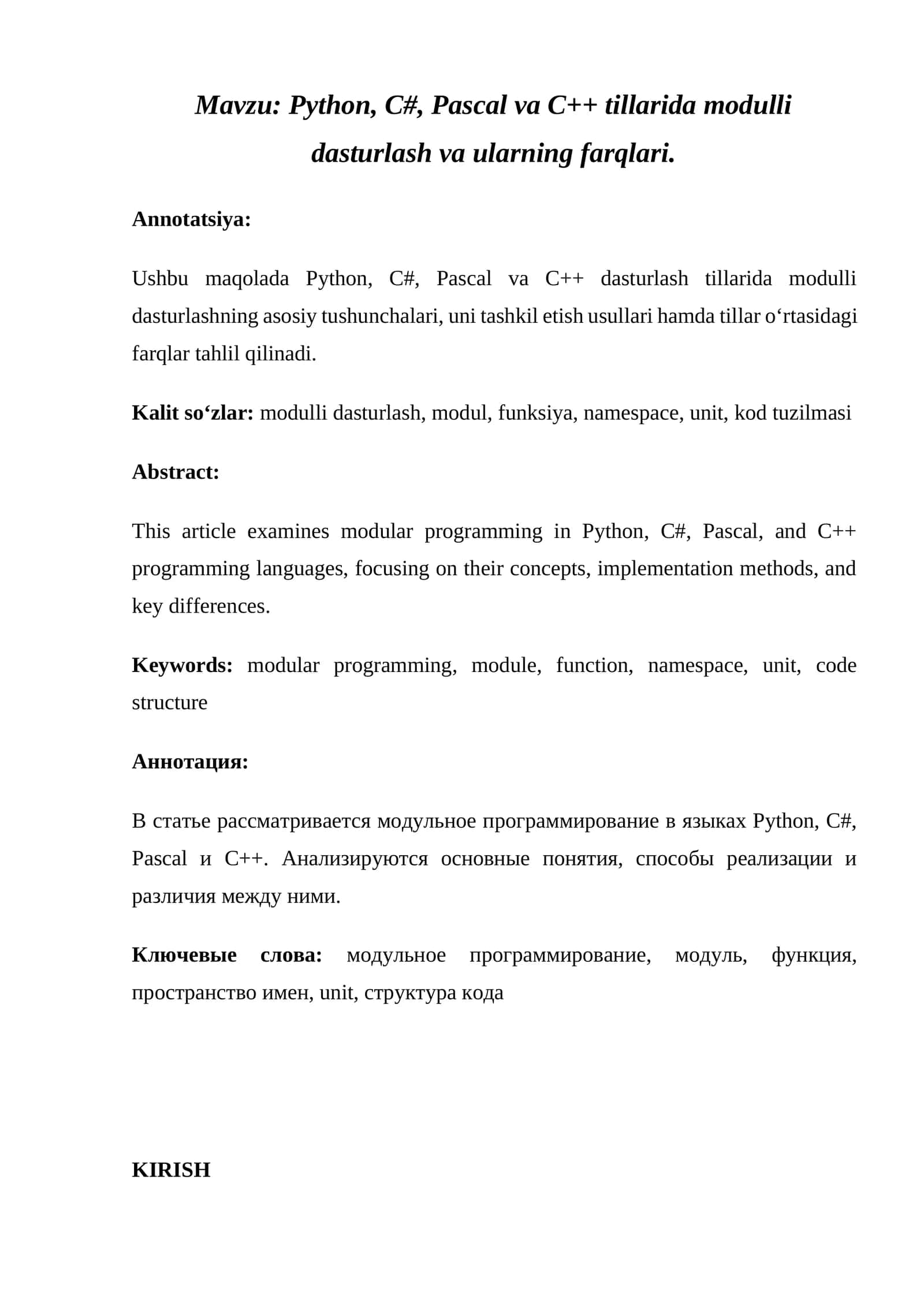 Python, C#, Pascal va C++ tillarida modulli dasturlash va ularning farqlari