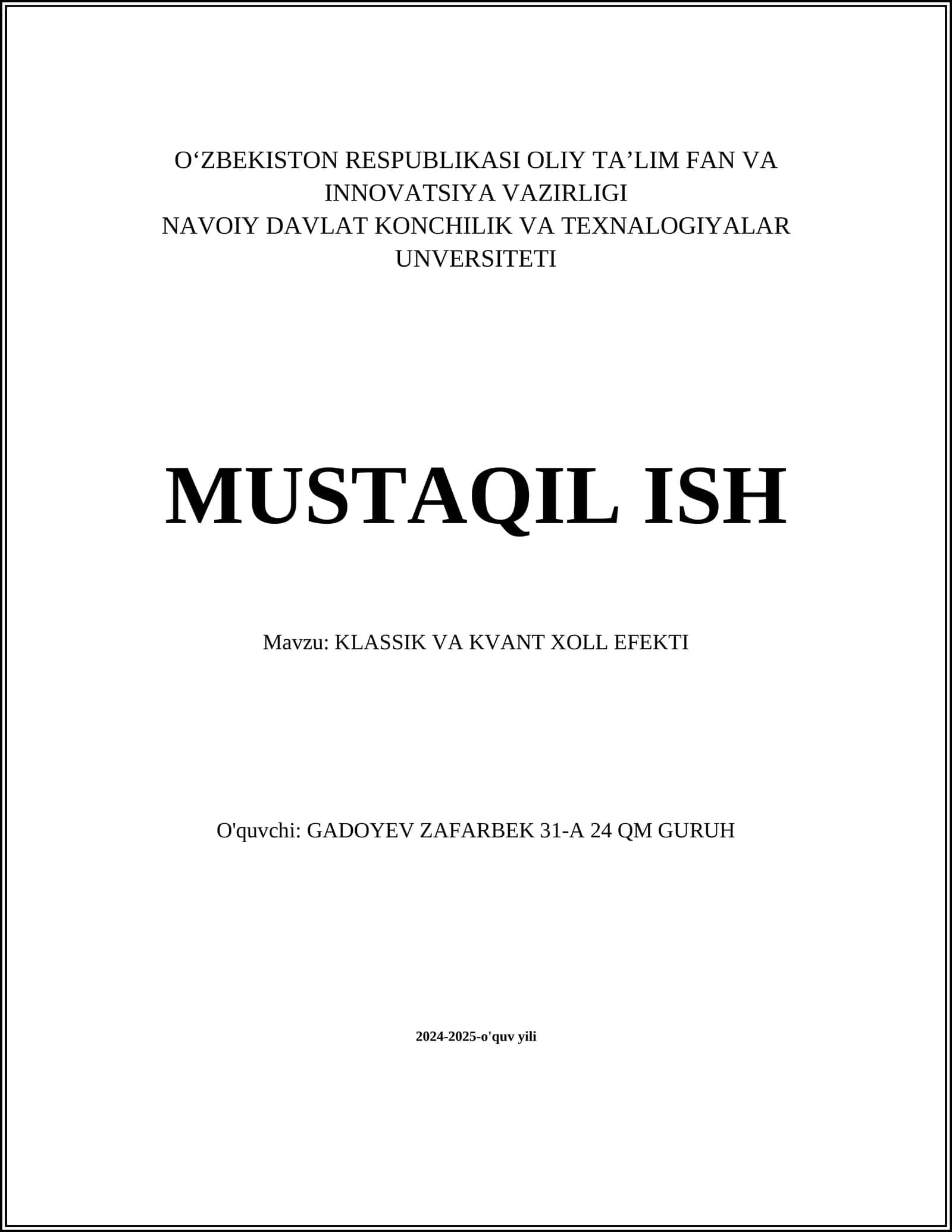 KLASSIK VA KVANT XOLL EFEKTI