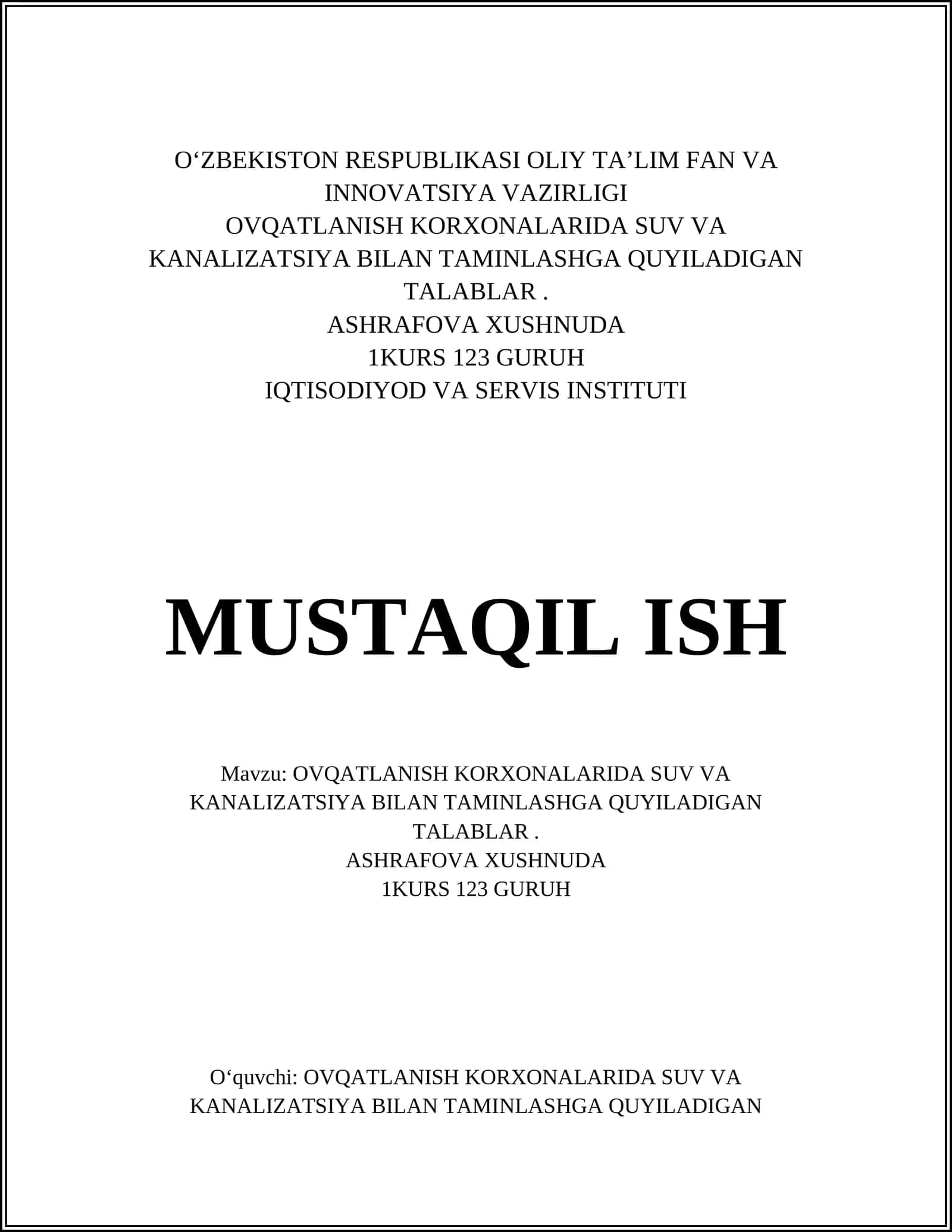 Suv ta'minoti tizimi loyihasi