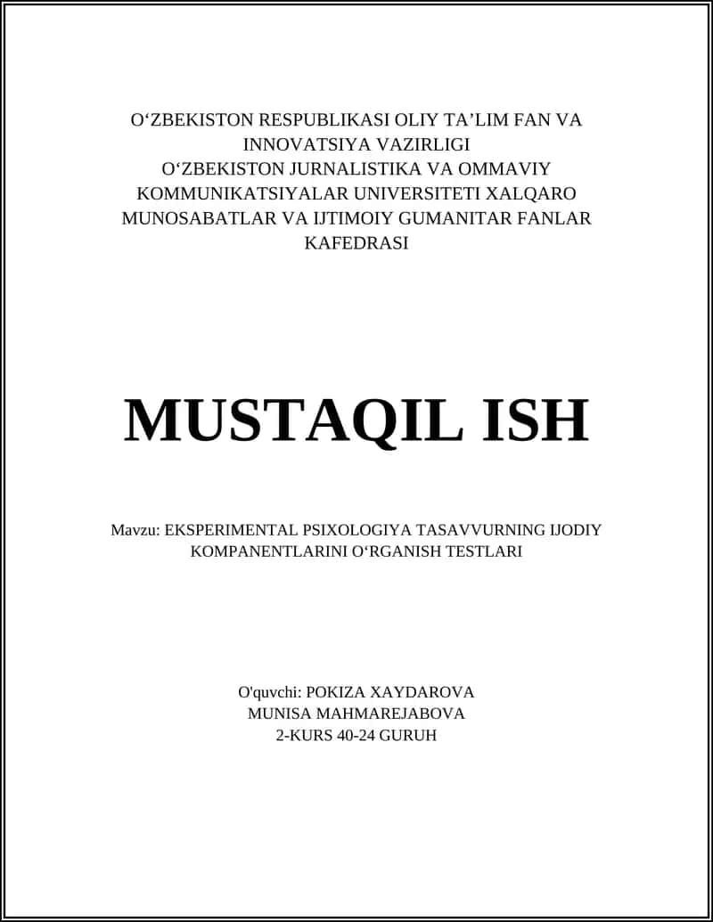 EKSPERIMENTAL PSIXOLOGIYA TASAVVURNING IJODIY KOMPANENTLARINI OʻRGANISH TESTLARI