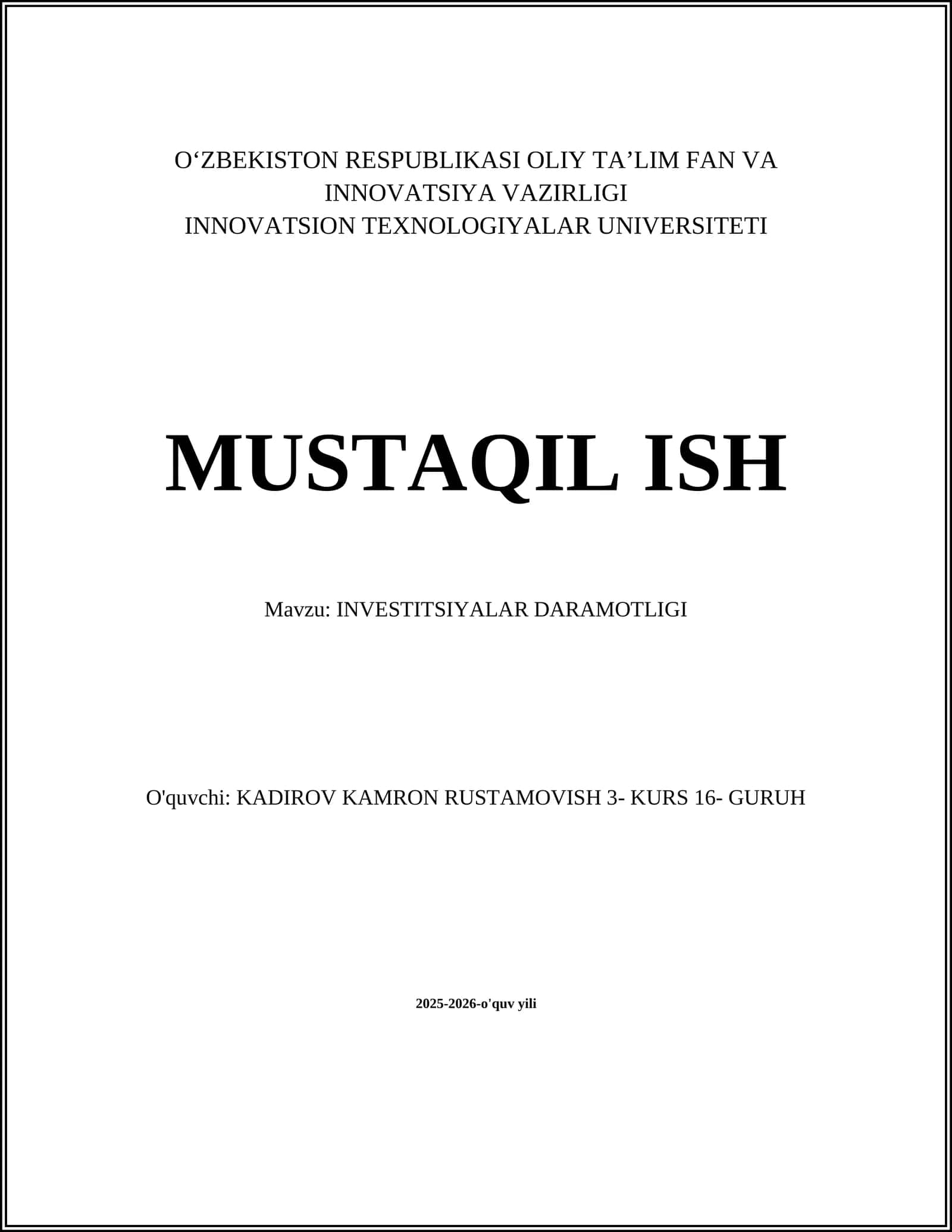 INVESTITSIYALAR DARAMOTLIGI