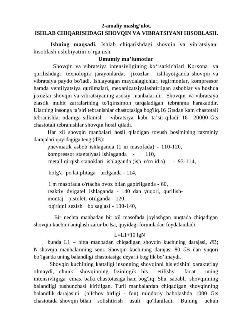 Ishlab chiqarishdagi shovqin va vibratsiyani hisoblash