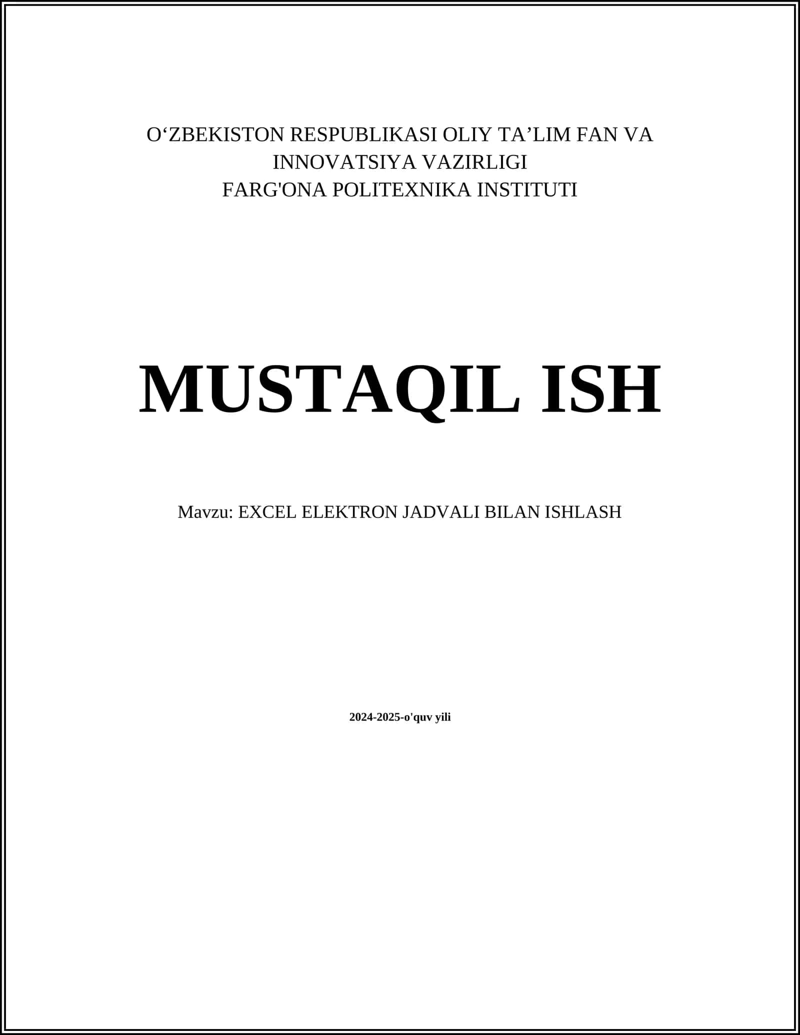 EXCEL ELEKTRON JADVALI BILAN ISHLASH