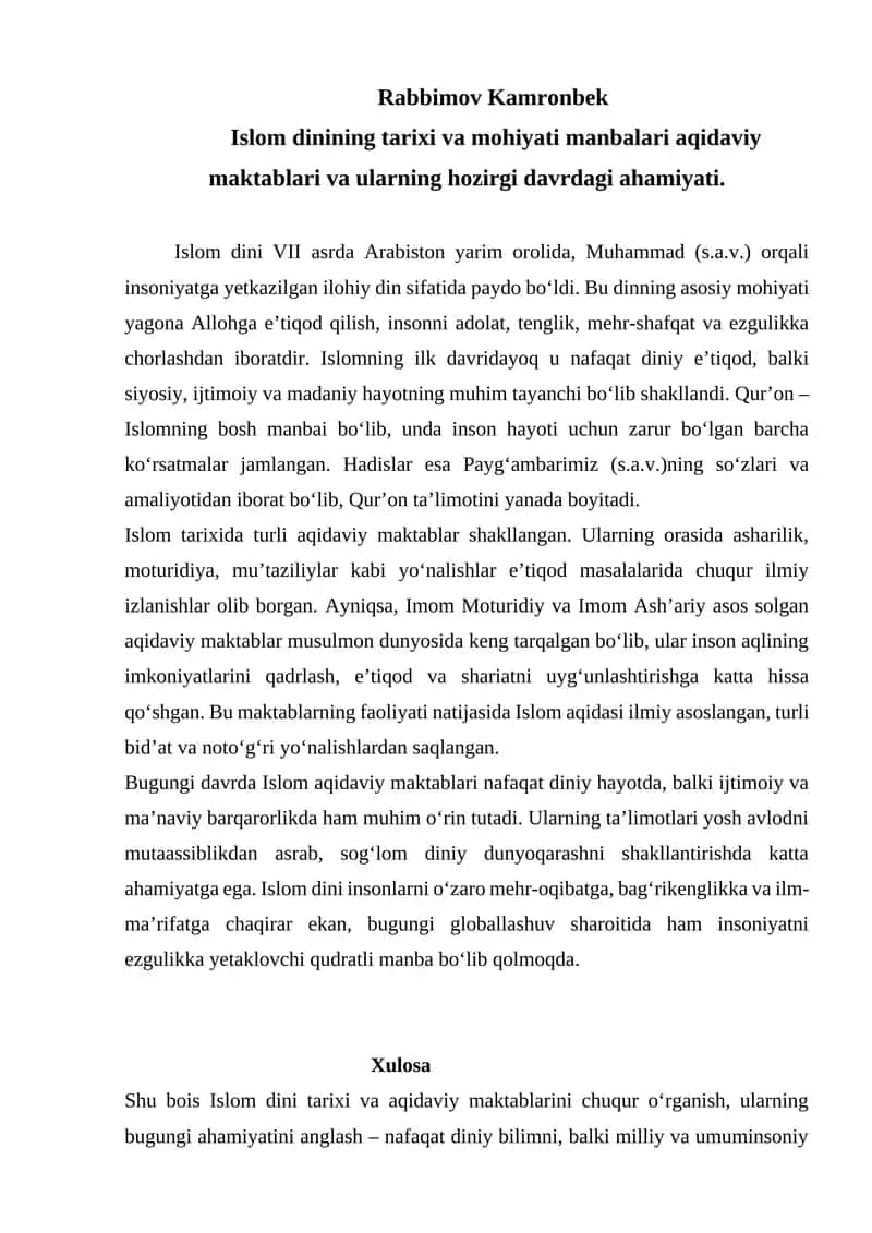 Islom dinining tarixi va mohiyati