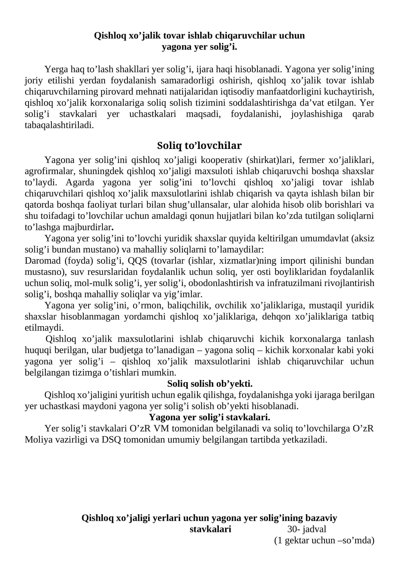 Qishloq xo’jalik tovar ishlab chiqaruvchilar uchun yagona yer solig’i