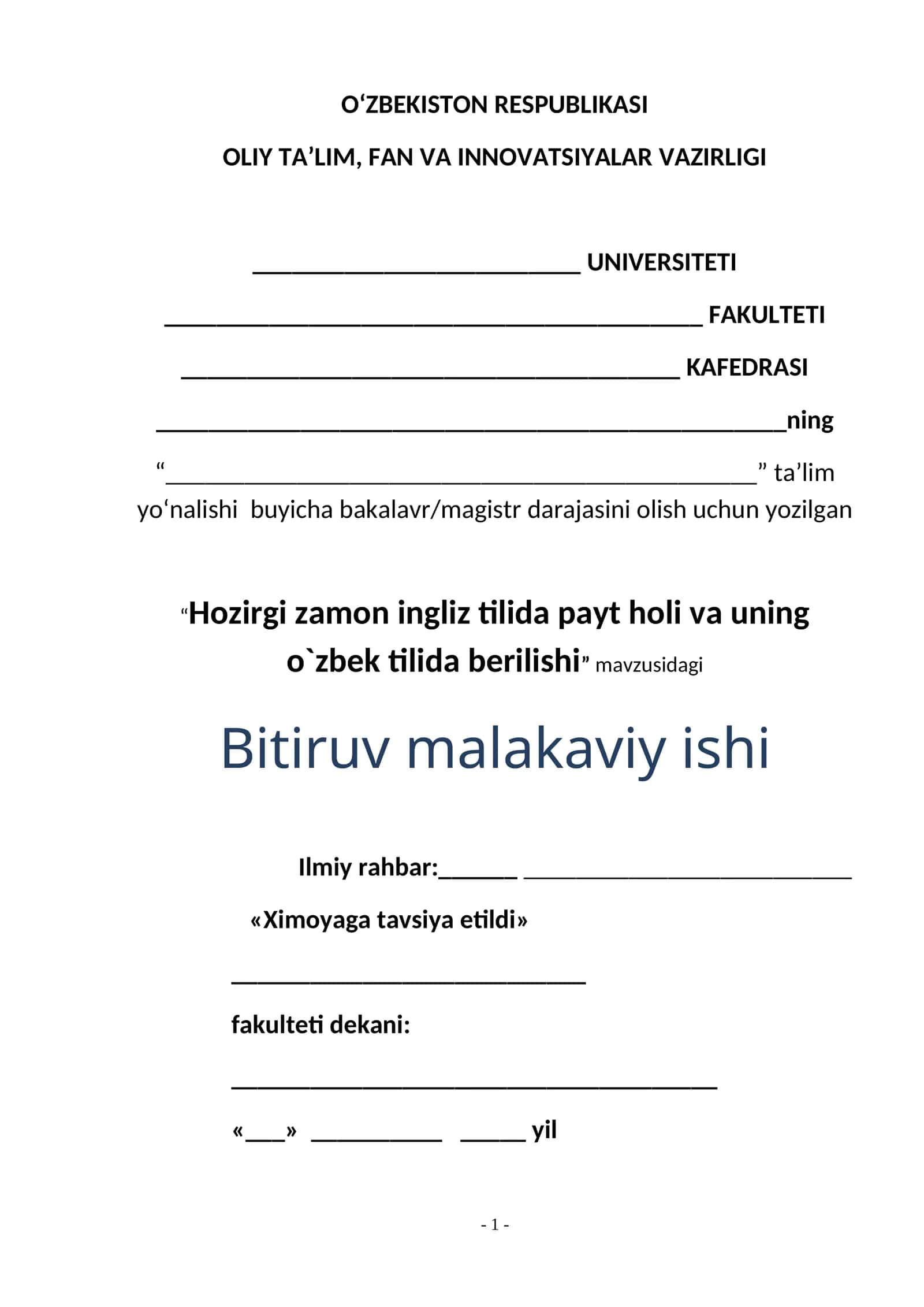 Hozirgi zamon ingliz tilida payt holi va uning o`zbek tilida berilishi