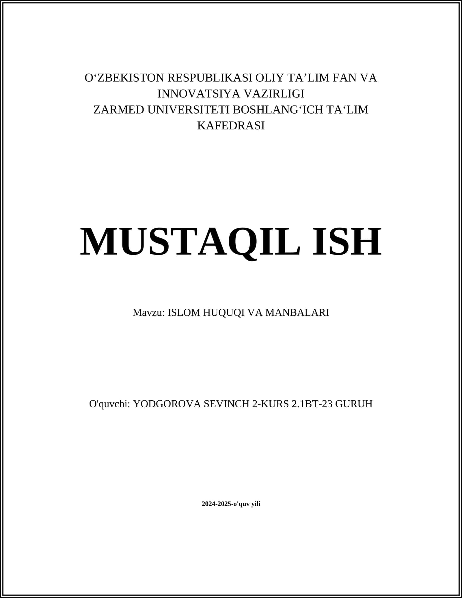 ISLOM HUQUQI VA MANBALARI