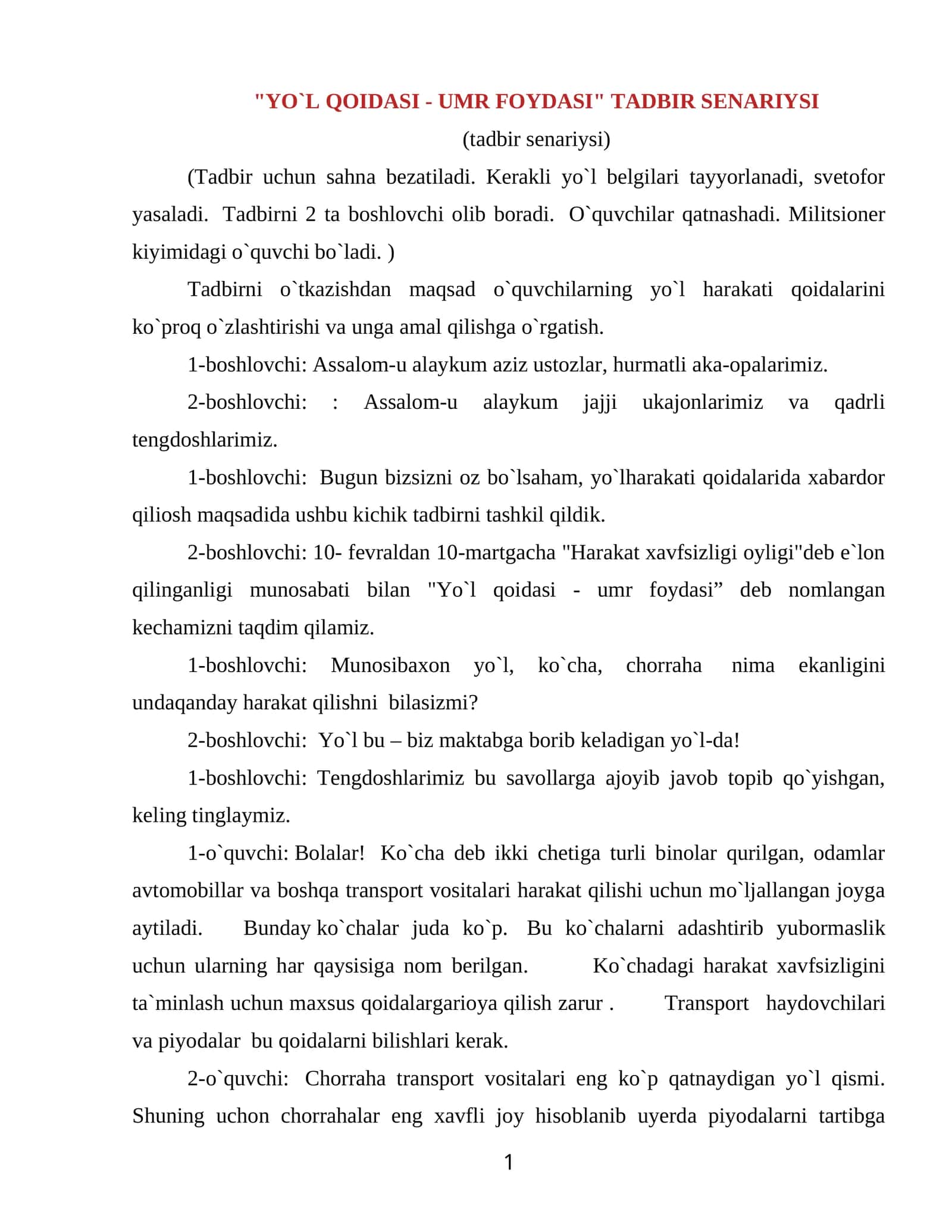Yo`l qoidasi - umr foydasi tadbir senariysi