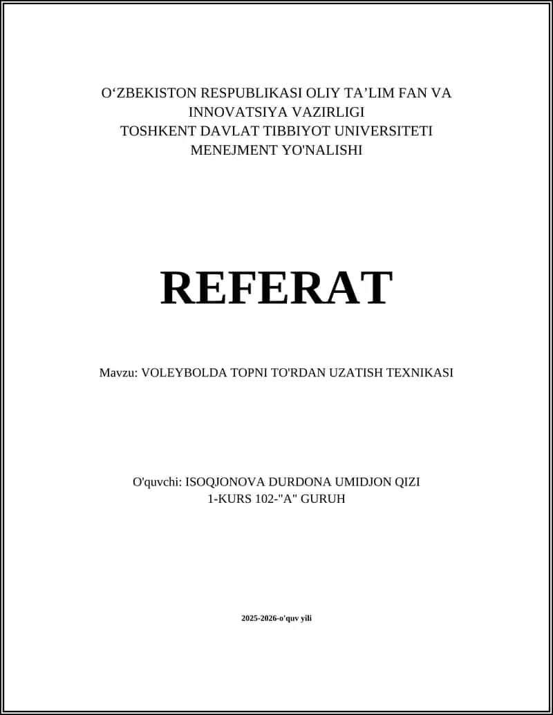 VOLEYBOLDA TOPNI TO'RDAN UZATISH TEXNIKASI
