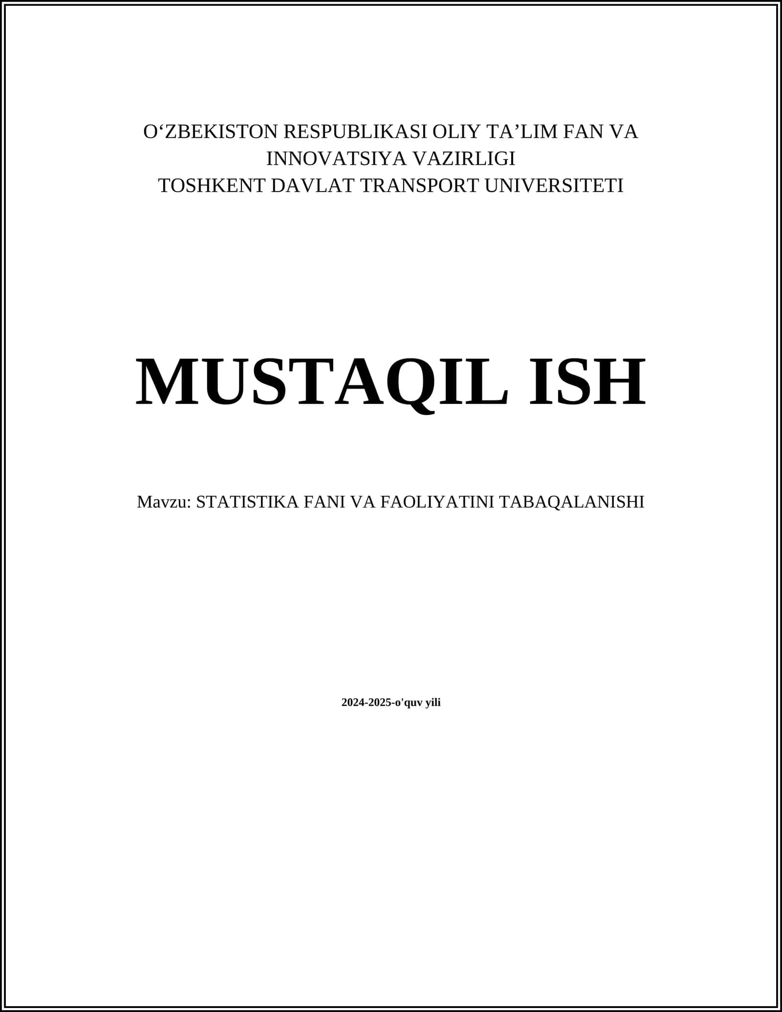 STATISTIKA FANI VA FAOLIYATINI TABAQALANISHI