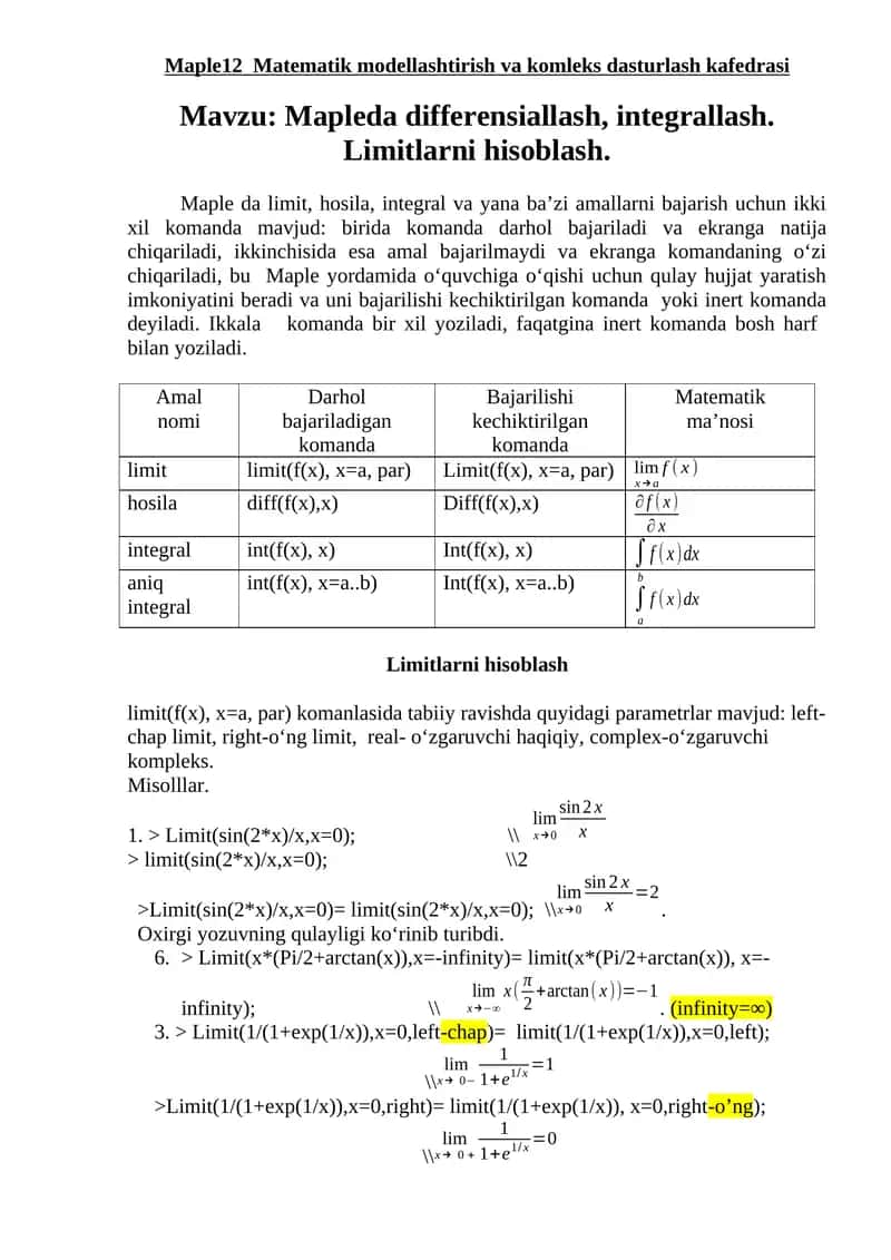 Maple12 Matematik modellashtirish va komleks dasturlash kafedrasi