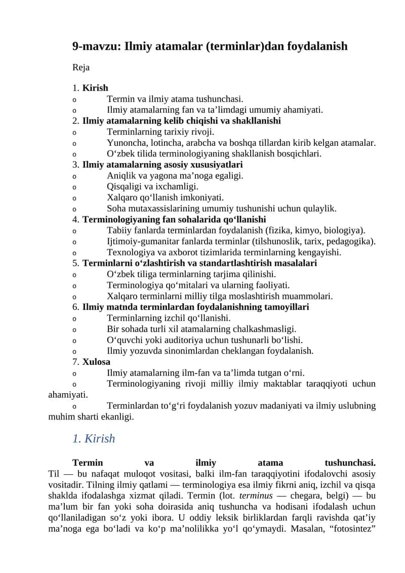 Ilmiy atamalar (terminlar)dan foydalanish