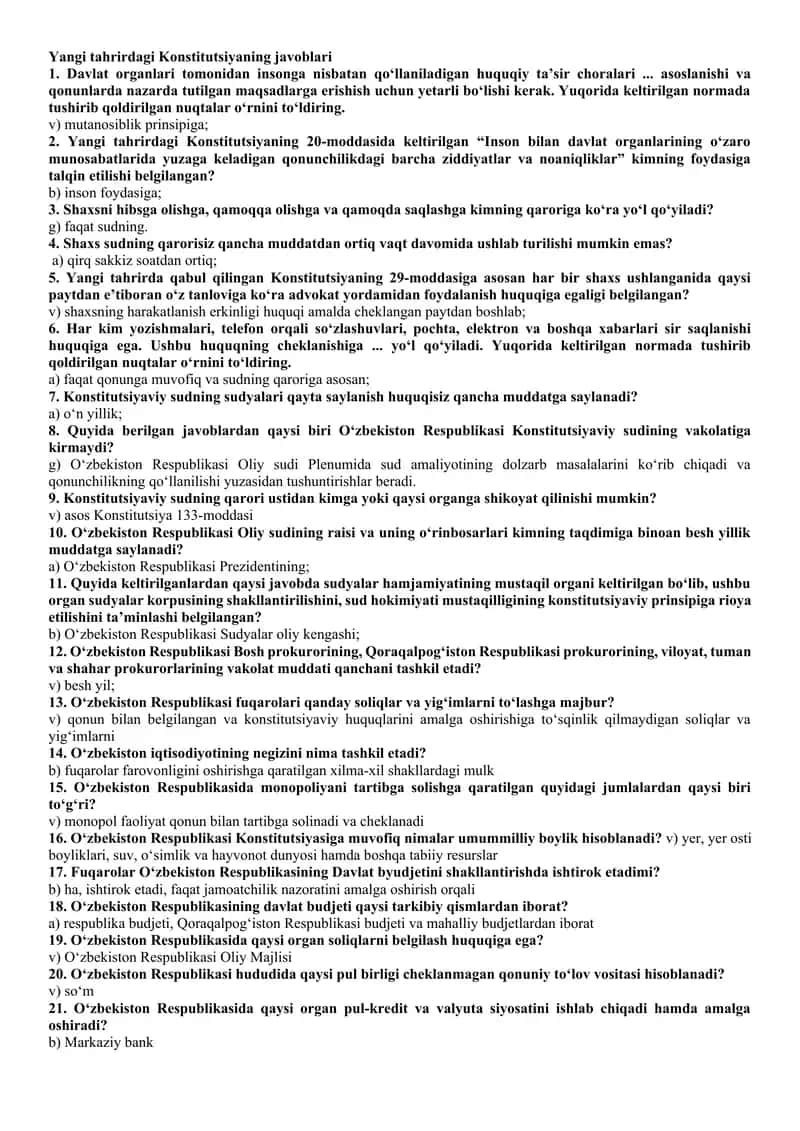 KONSTITUTSIYADAN YAKUNIY NAZORAT SAVOLLARI JAVOBLARI
