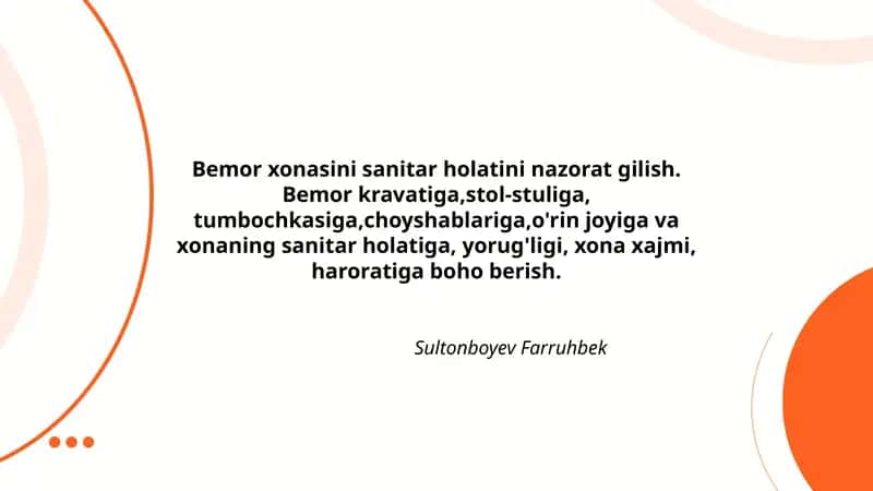 Bemor xonasini sanitar holatini nazorat gilish