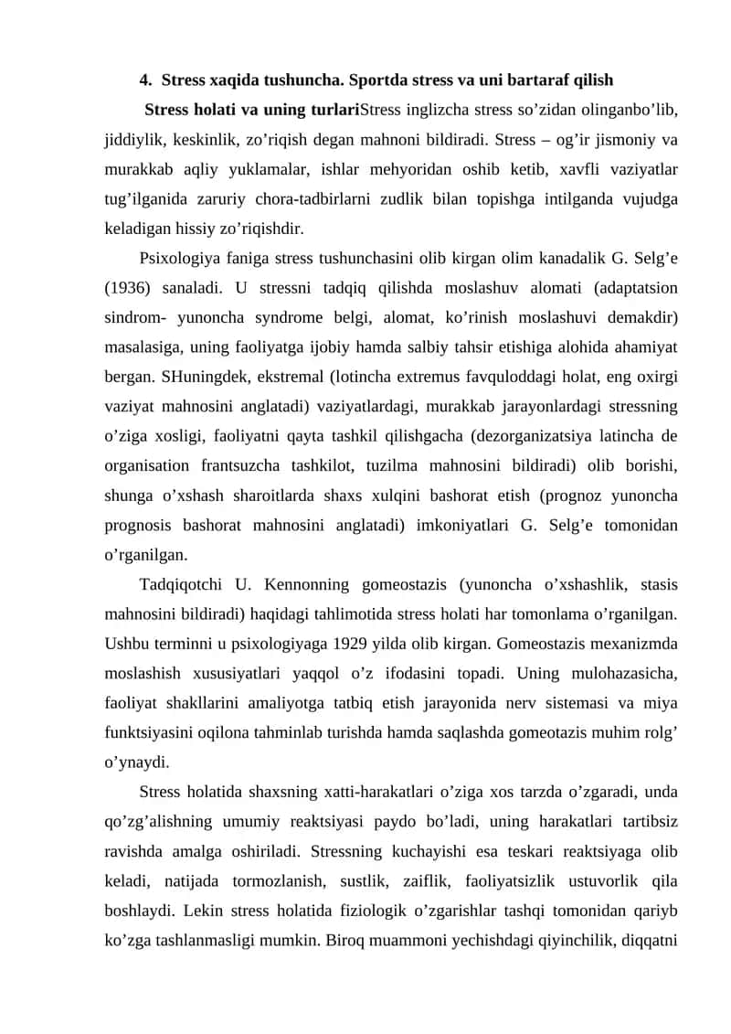 Stress va uning bartaraf qilish usullari