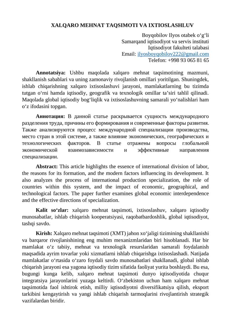 XALQARO MEHNAT TAQSIMOTI VA IXTIOSLASHLUV