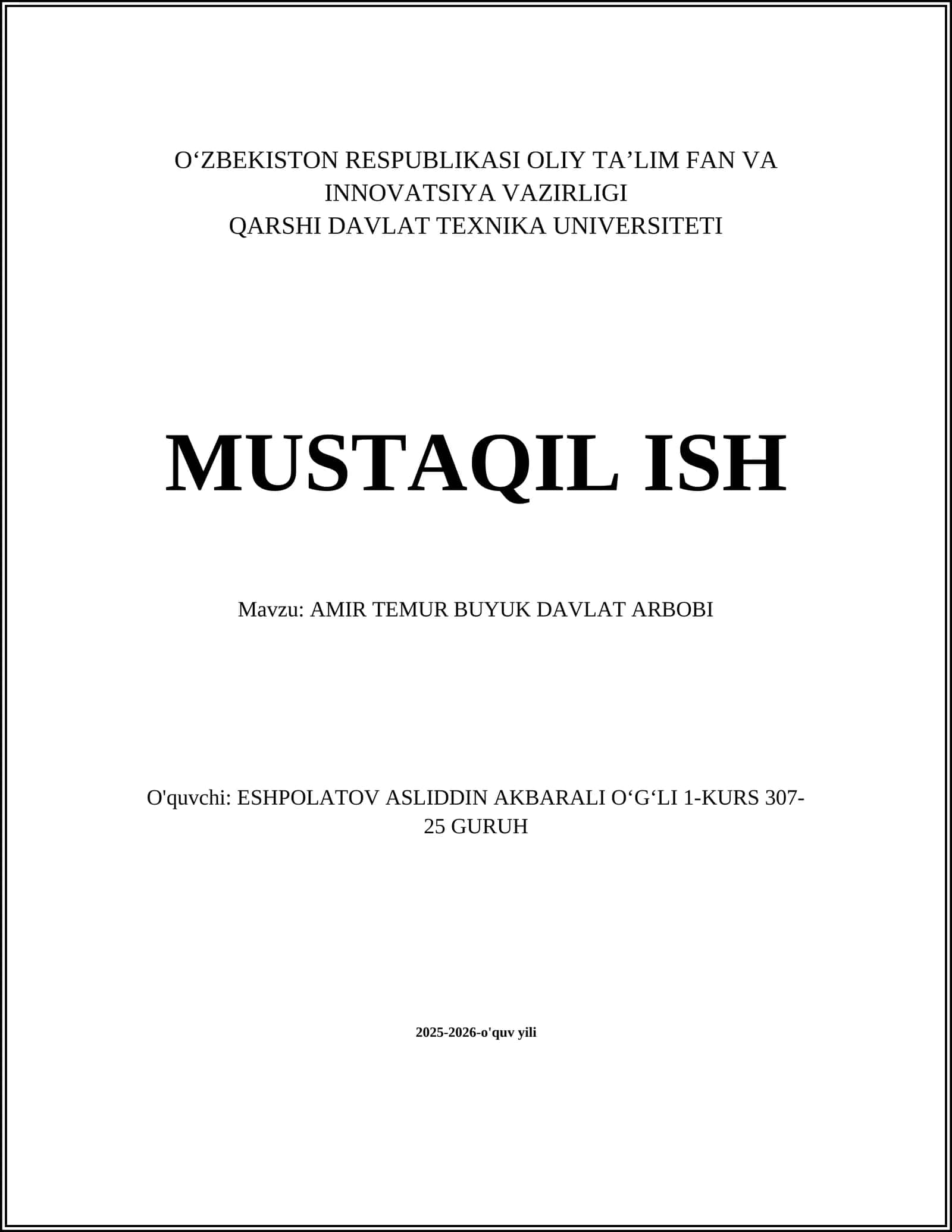 AMIR TEMUR BUYUK DAVLAT ARBOBI