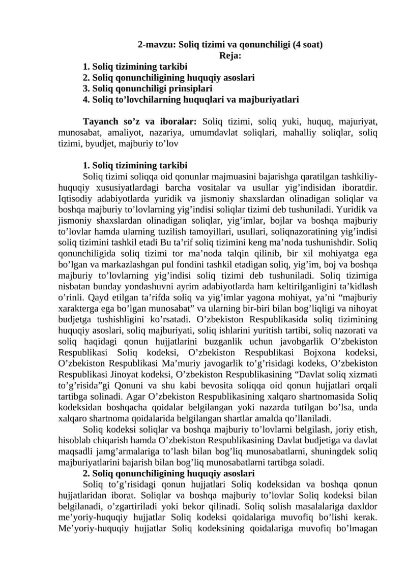 Soliq tizimi va qonunchiligi (4 soat)