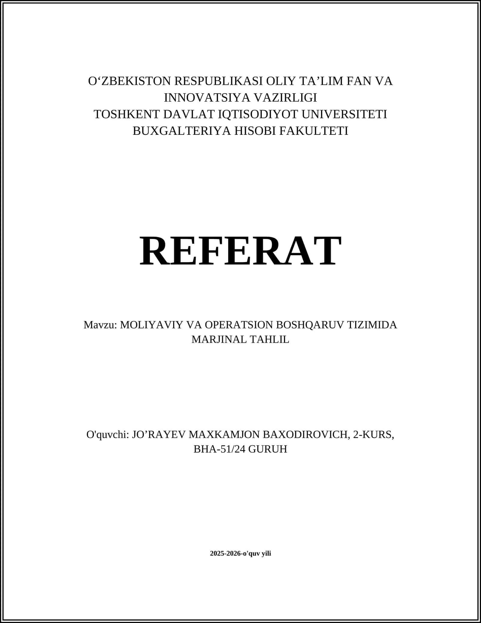 MOLIYAVIY VA OPERATSION BOSHQARUV TIZIMIDA MARJINAL TAHLIL