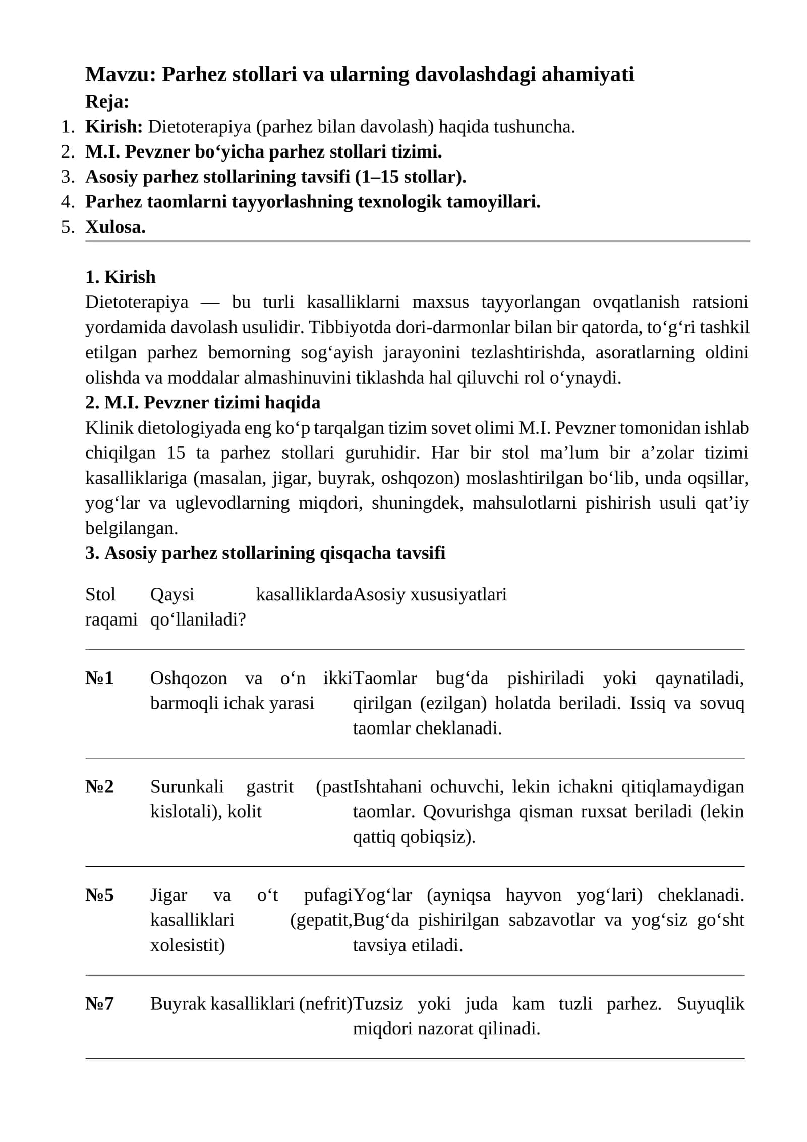 Parhez stollari va ularning davolashdagi ahamiyati
