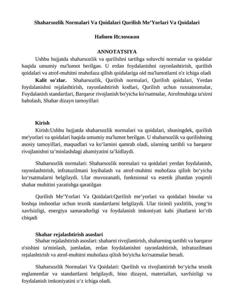Shaharsozlik Normalari Va Qoidalari Qurilish MeʼYorlari Va Qoidalari