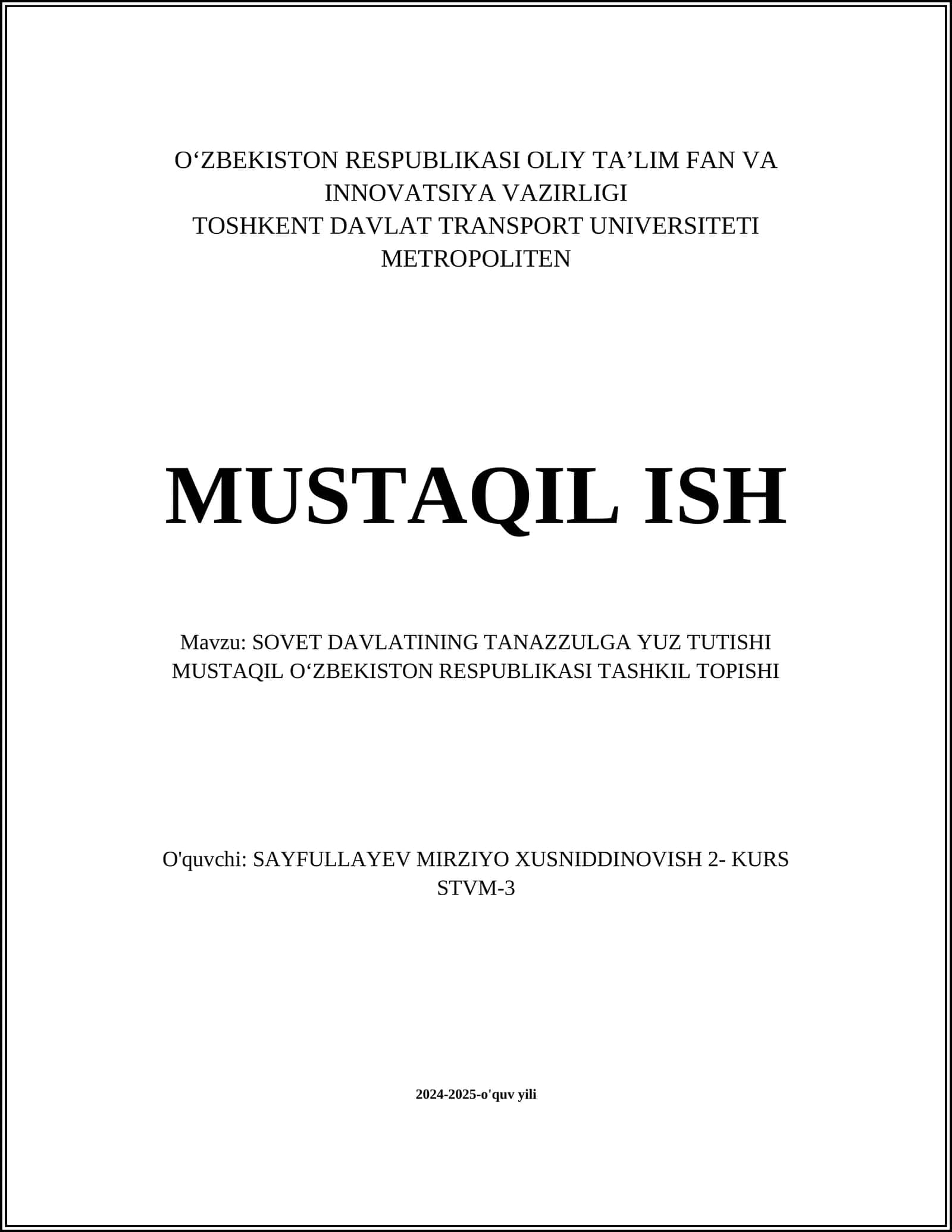 SOVET DAVLATINING TANAZZULGA YUZ TUTISHI
