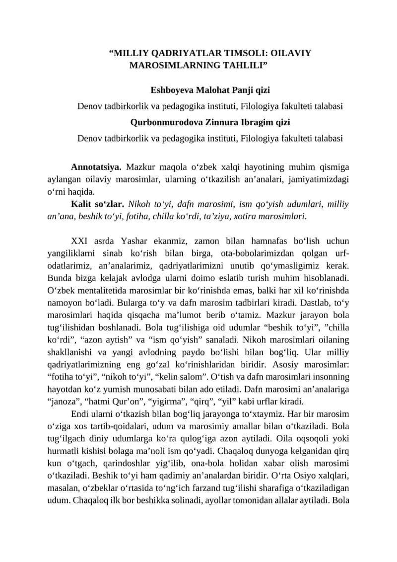 MILLIY QADRIYATLAR TIMSOLI: OILAVIY MAROSIMLARNING TAHLILI