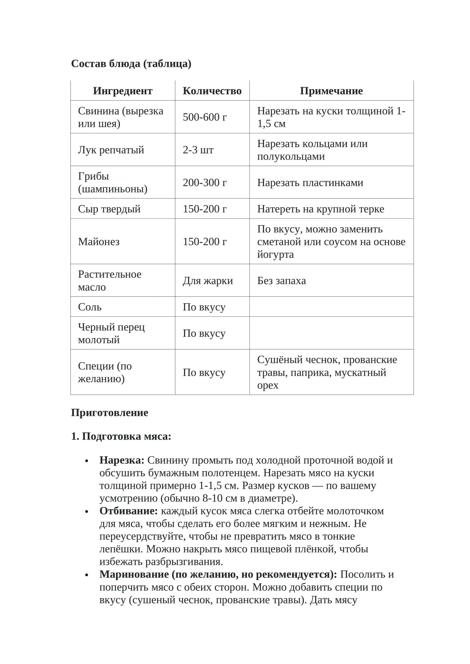 Состав блюда (таблица)